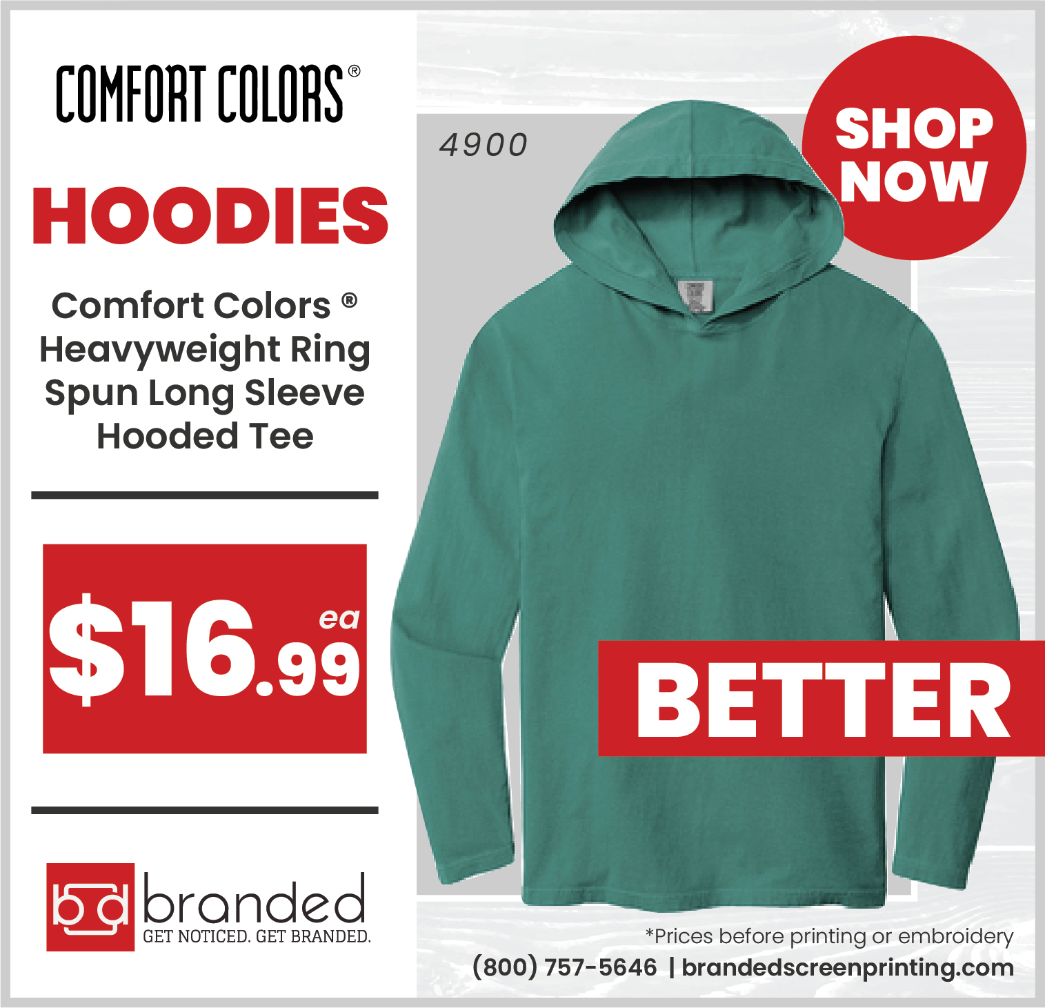 Branded has customizable hooded long sleeves from Comfort Colors at a great price custom screen printing