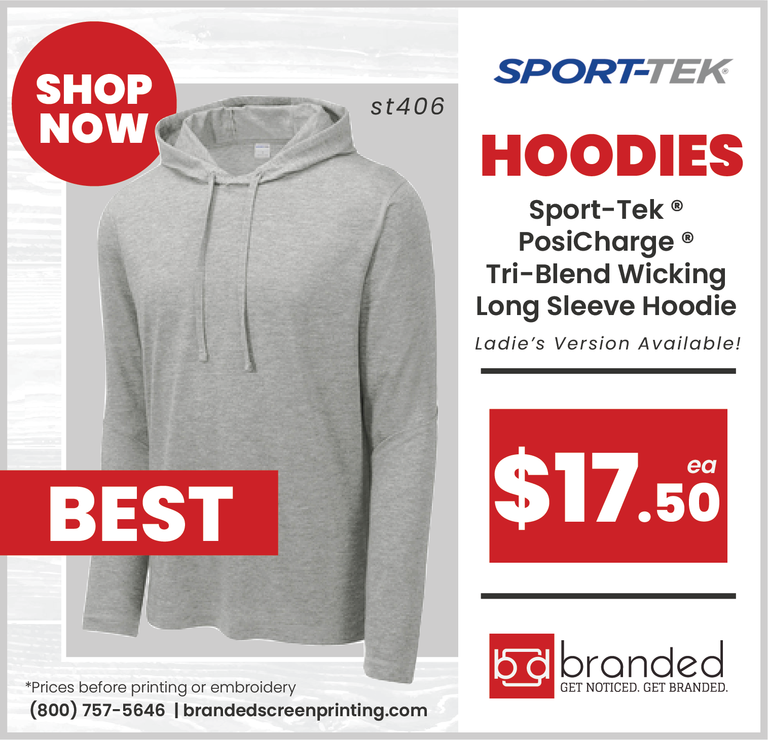 Branded has customizable hooded long sleeves from Sport-Tek at a great price custom screen printing